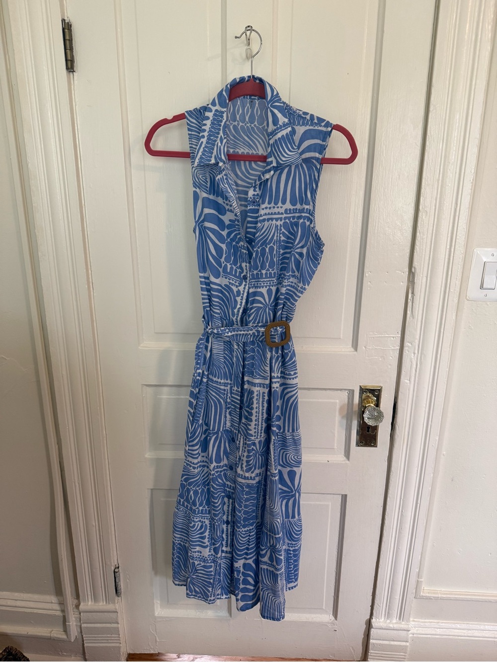 Sleeveless Blue Patterned Shirt Dress with Belt